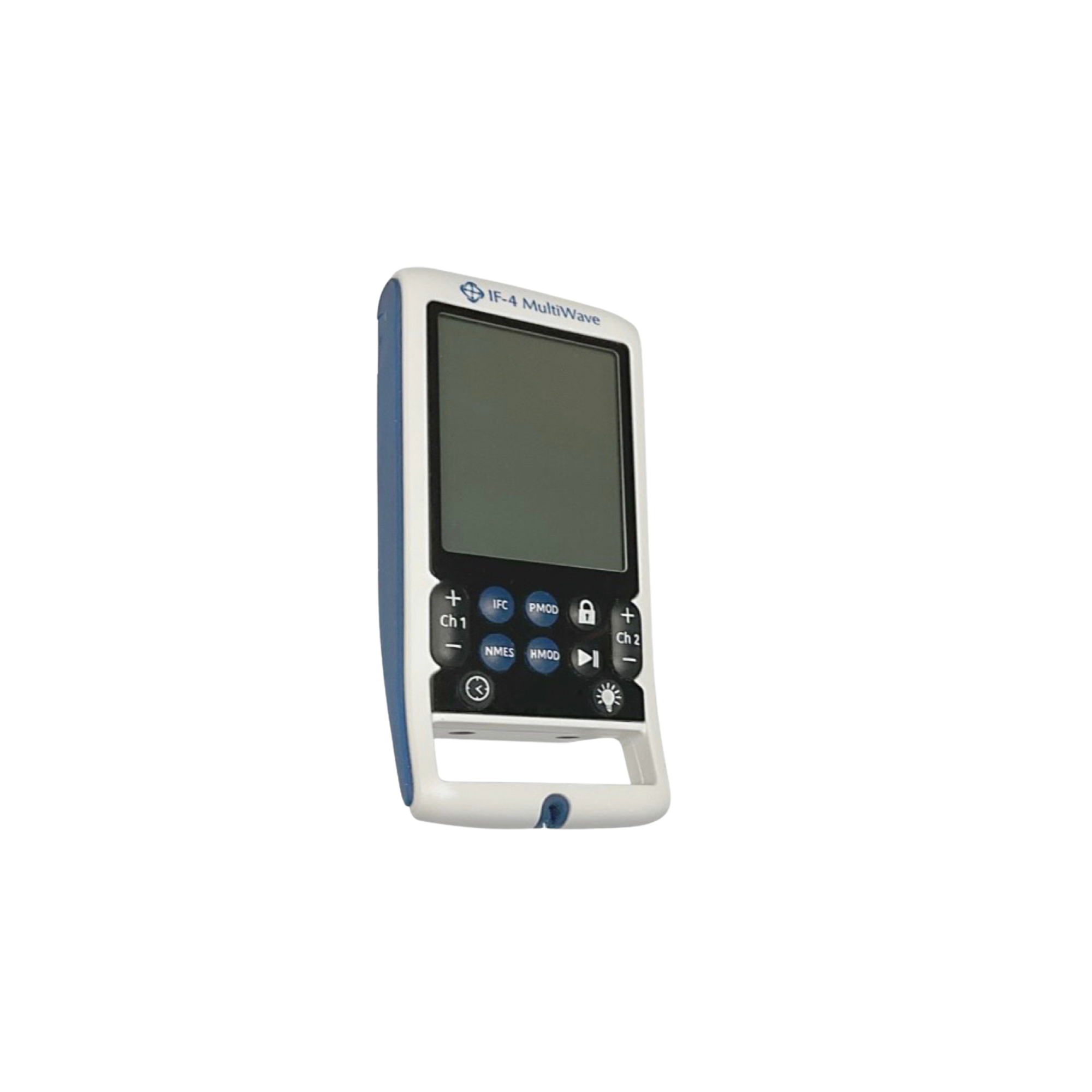 Portable medical device with a digital screen and control buttons, labeled 'IF-4 MultiWave,' used for laser therapy.