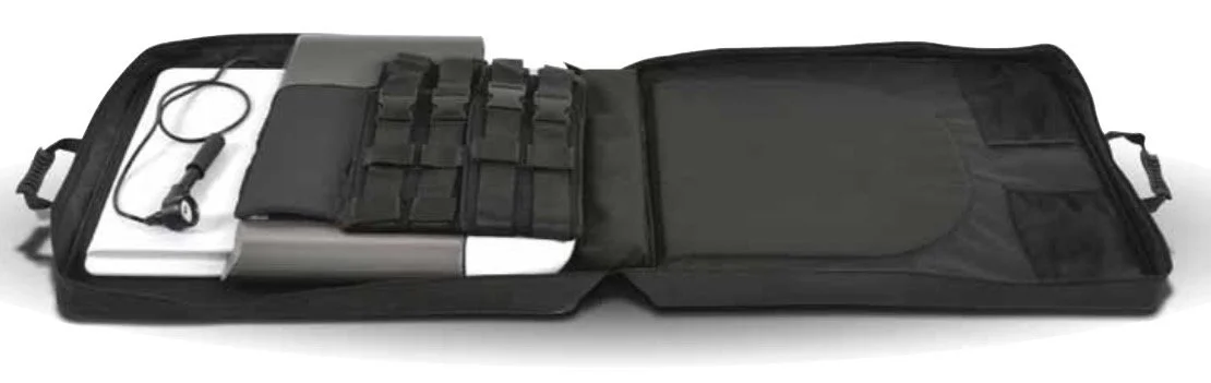 Open black briefcase with a laptop, earphones, and various organizational pouches inside.