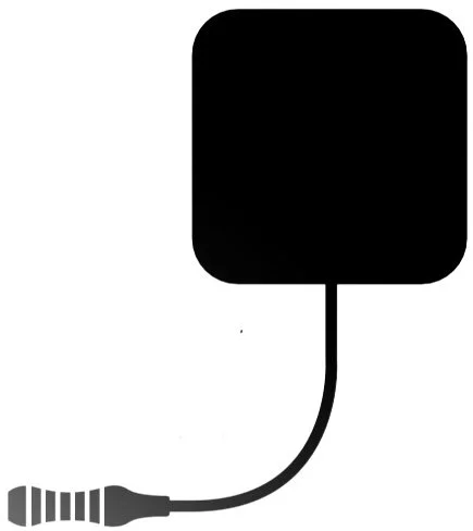 Drawing of a computer power cable with a black rectangular plug and a gray cord.