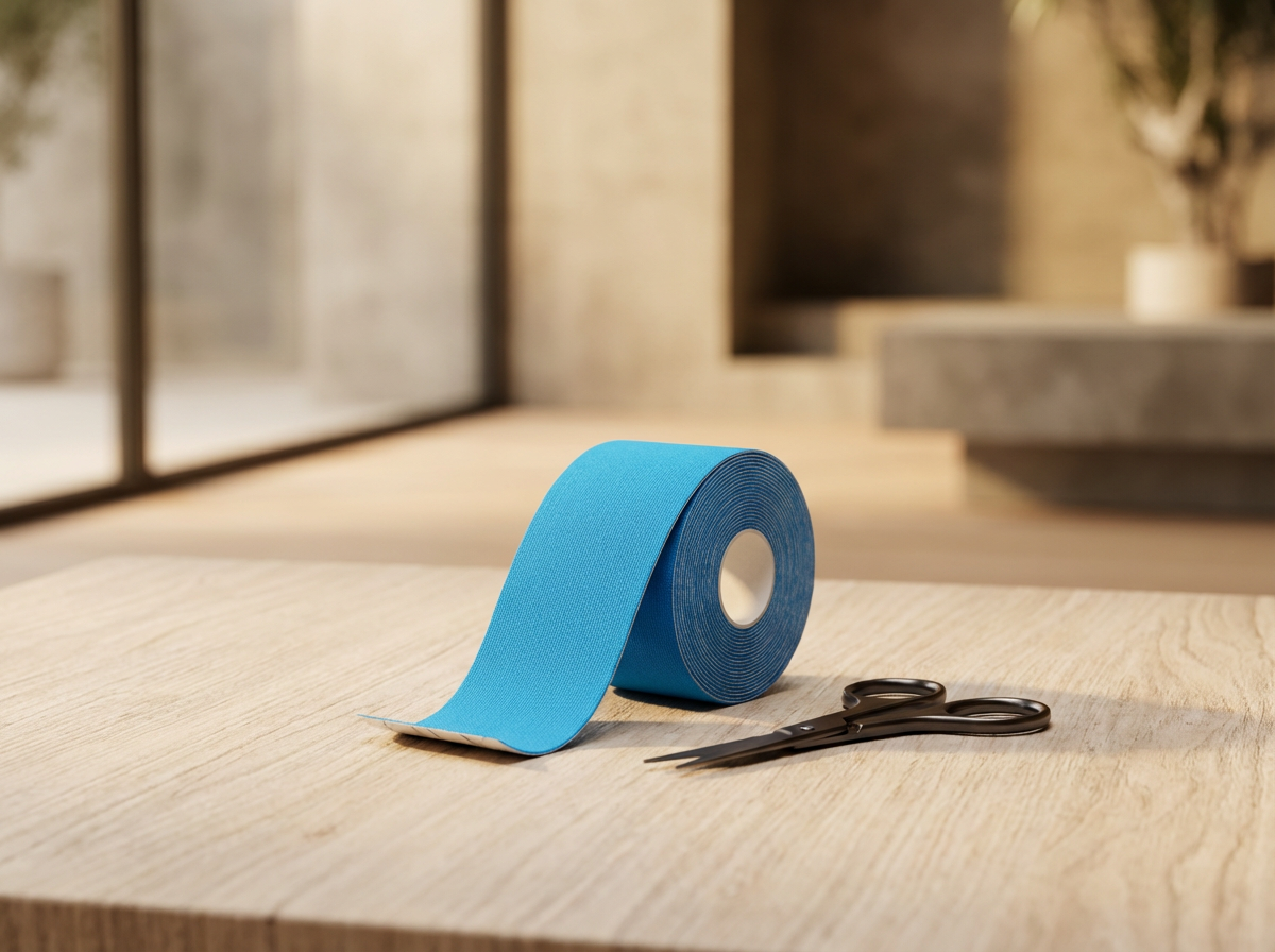 Ein blaues Gummiband und eine Schere auf einem Holztisch in einem Raum mit großen Fenstern und natürlichem Licht.