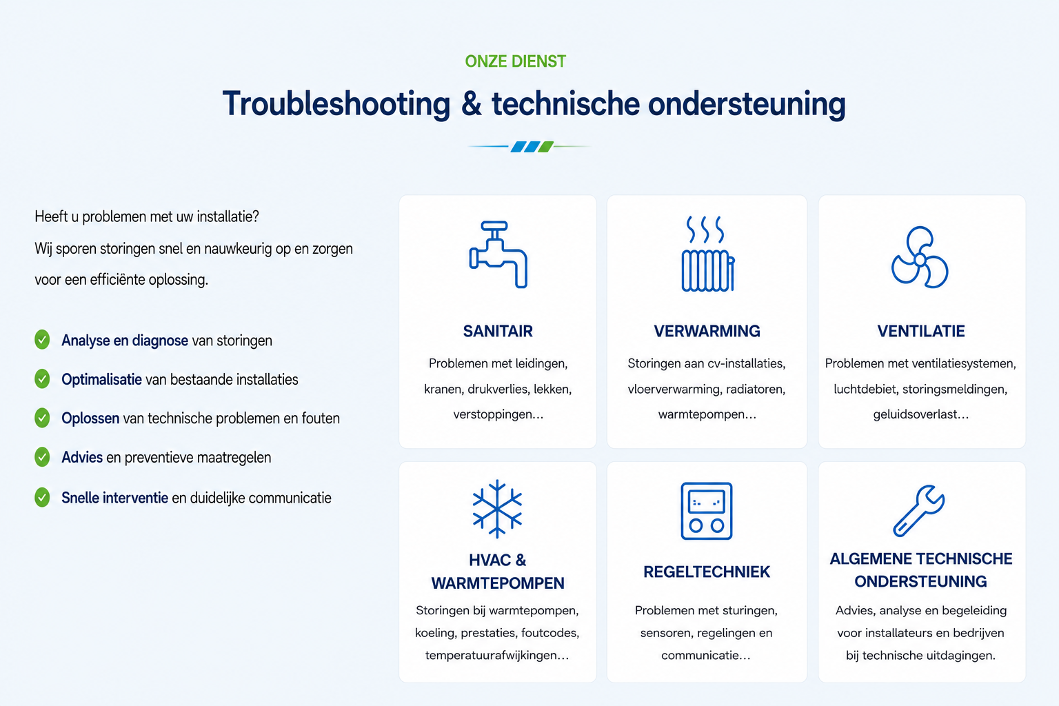 Een websitepagina over technische ondersteuning en troubleshooting met iconen voor sanitaire installaties, verwarming, ventilatie, HVAC en warmtepompen, regeltechniek en algemene technische ondersteuning.