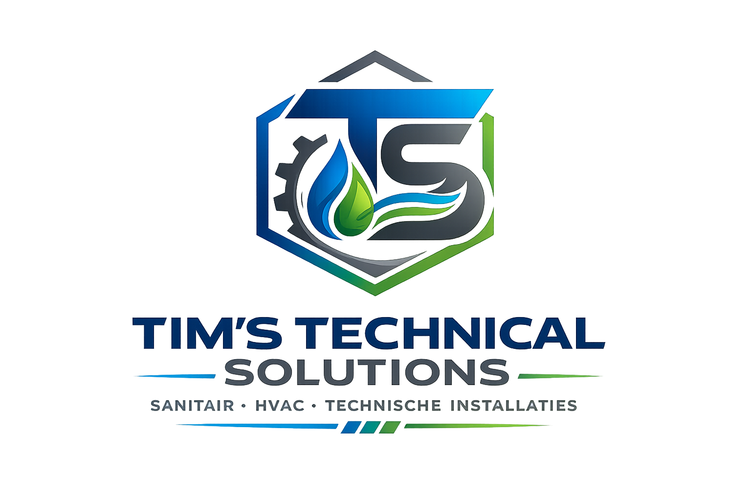 Logo van Tim's Technical Solutions met de tekst 'Sanitair, HVAC, Technische installaties' en een grafisch symbool met een waterdruppel, een tandwiel en de letter 'S'.