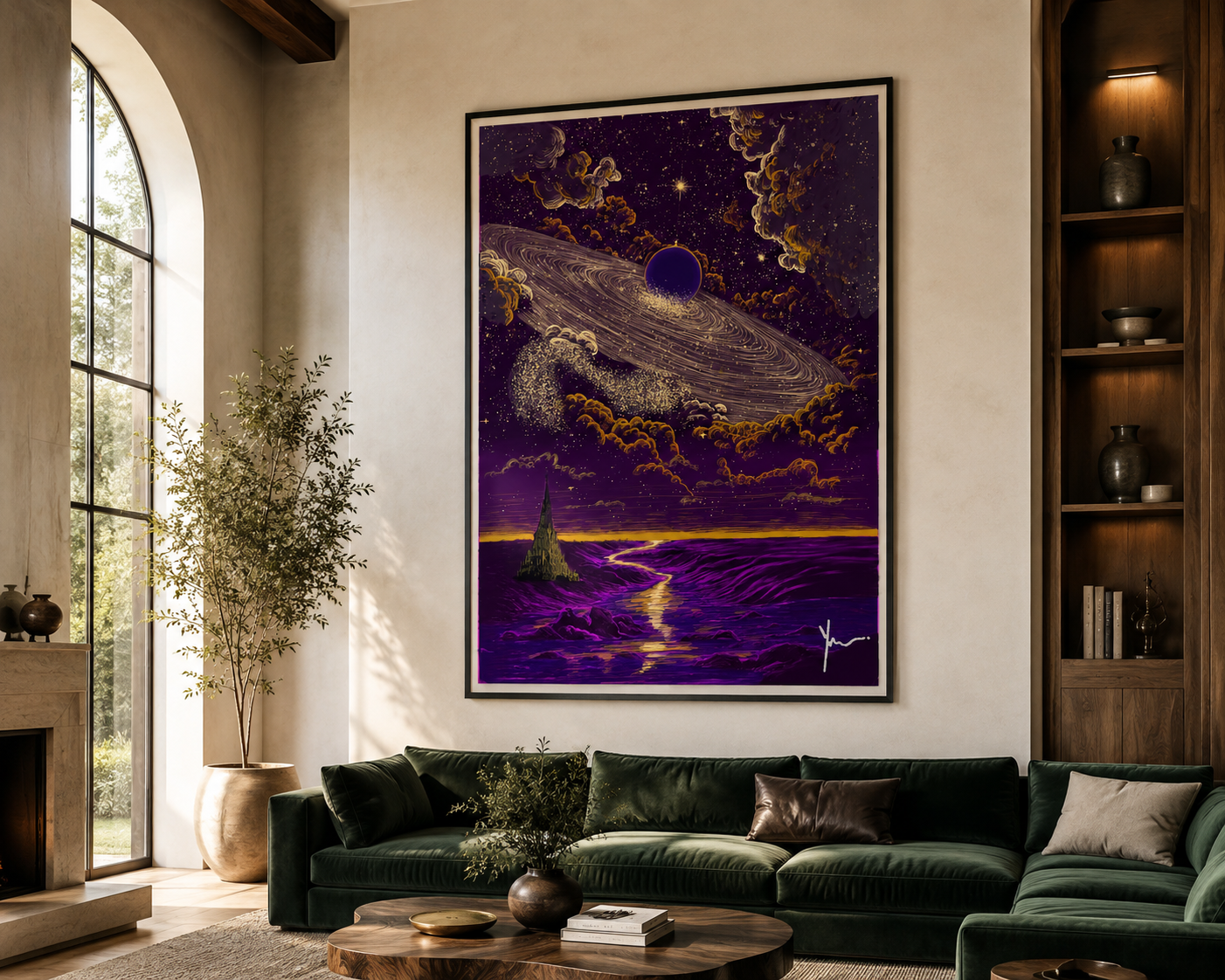 “Where Night Bends” cosmic art print displayed above a green velvet sofa in a modern living room.