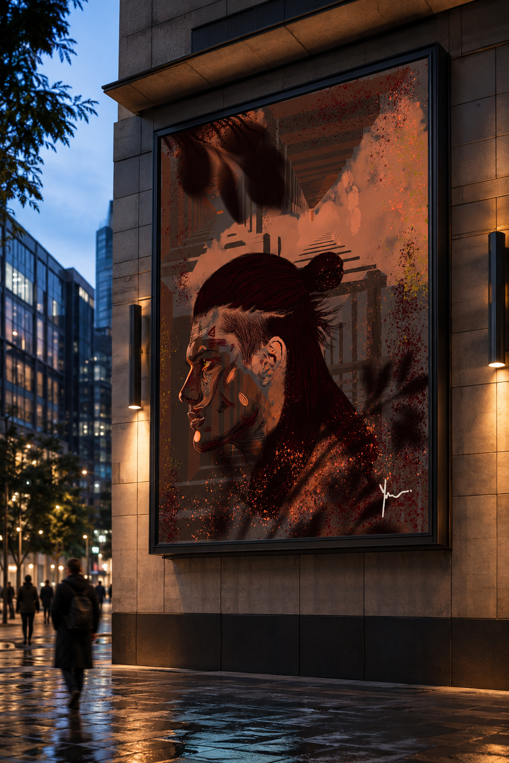 Yo Motif portrait artwork, "The Climb Remembers", displayed as a large street mural on a city building at dusk.
