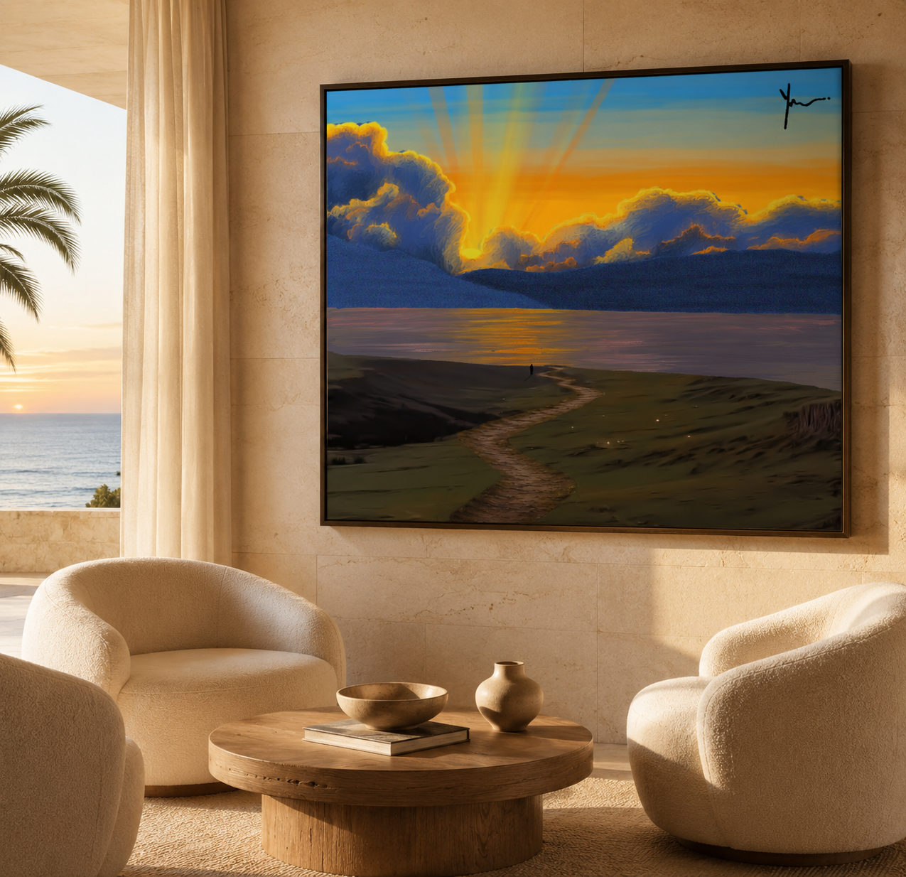 “Not Yet Arrived” sunset landscape print displayed in a bright coastal living room.