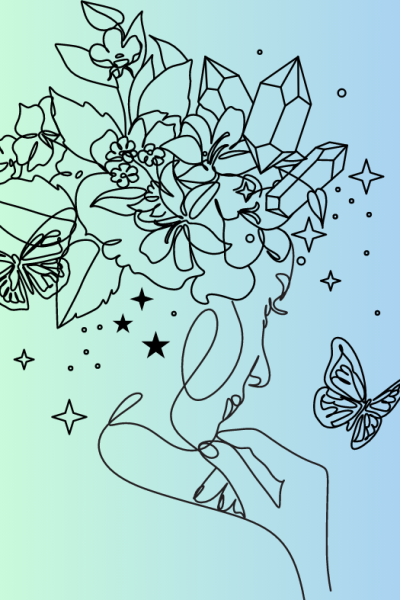 Line drawing of a woman's profile with flowers, leaves, and crystals in her hair, a butterfly nearby, along with stars and sparkles, on a gradient background.