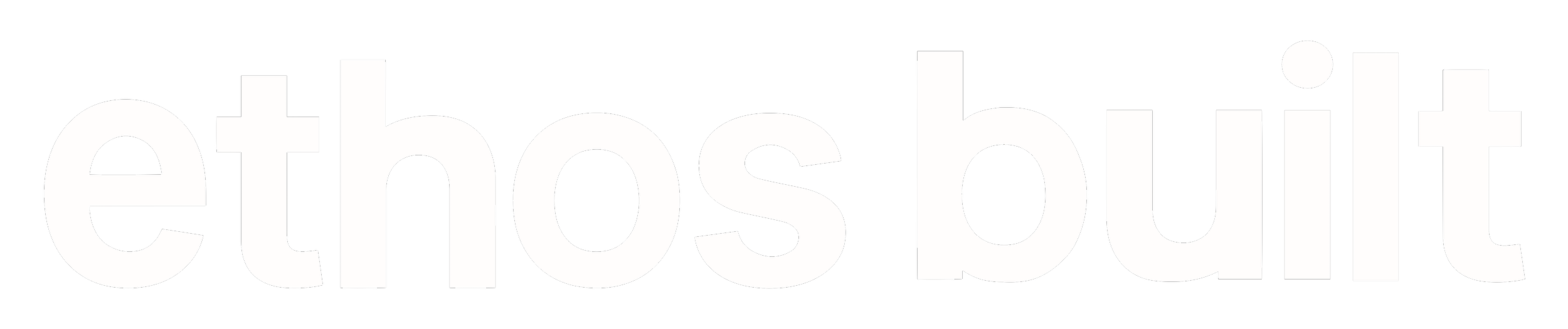 Large white text says 'ethos built' on a black background
