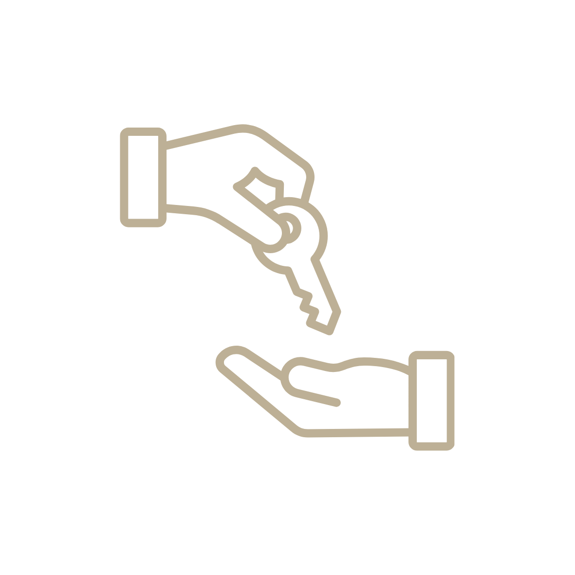 Ilustración minimalista de una mano entregando una llave a otra mano.