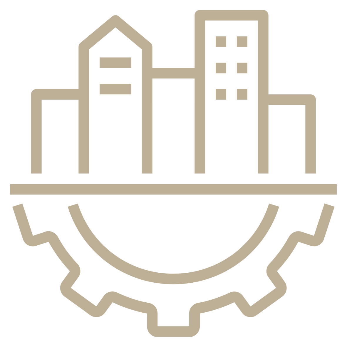 Icono de edificios urbanos dentro de un engranaje.