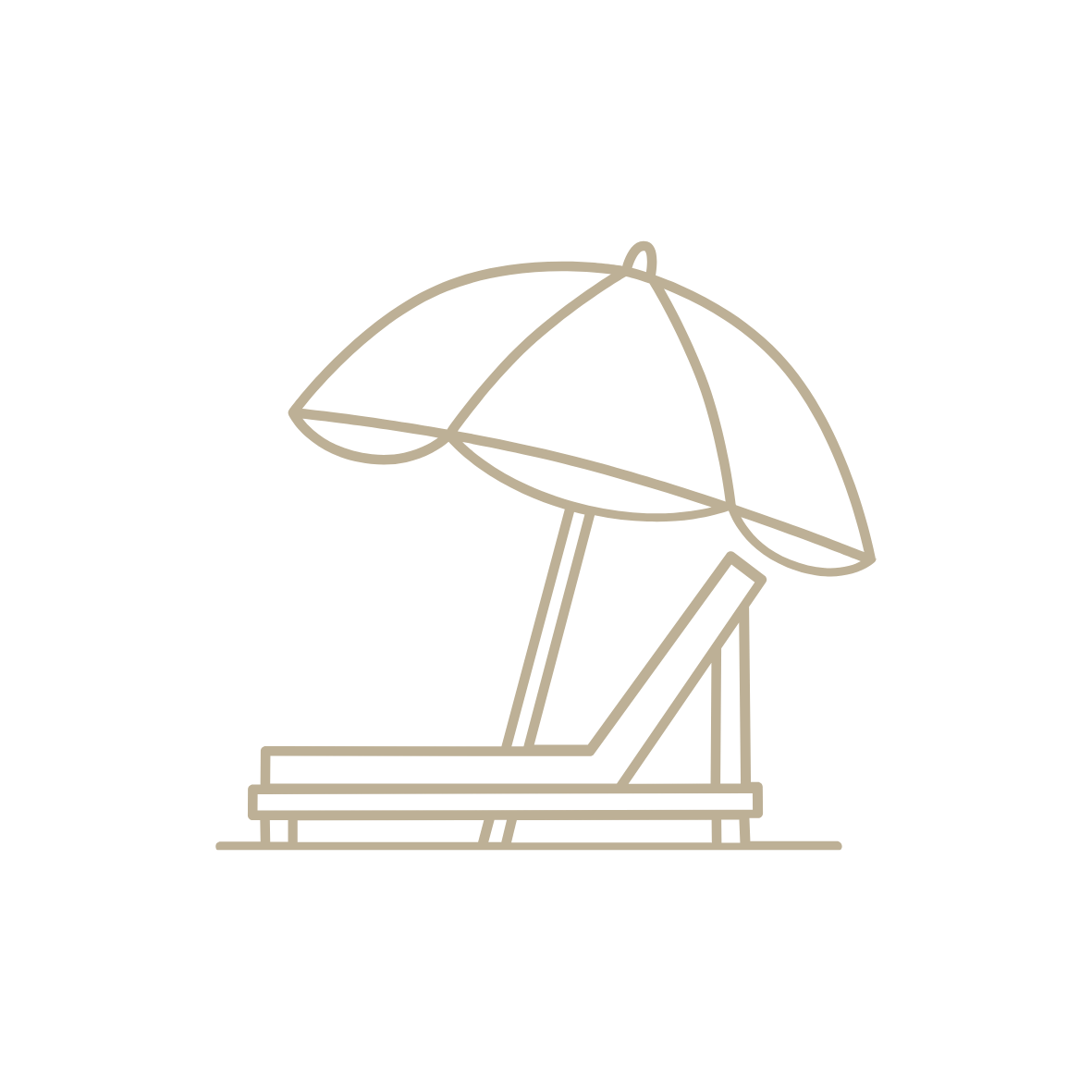 Ilustración minimalista de una tumbona con sombrilla en línea, sobre un fondo negro.