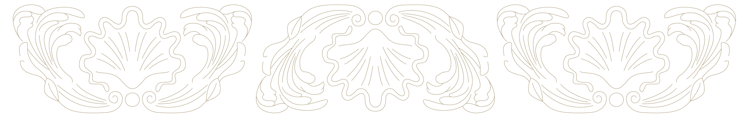 Diseño ornamental en línea de motivos florales y curvas simétricas en color blanco sobre fondo negro.