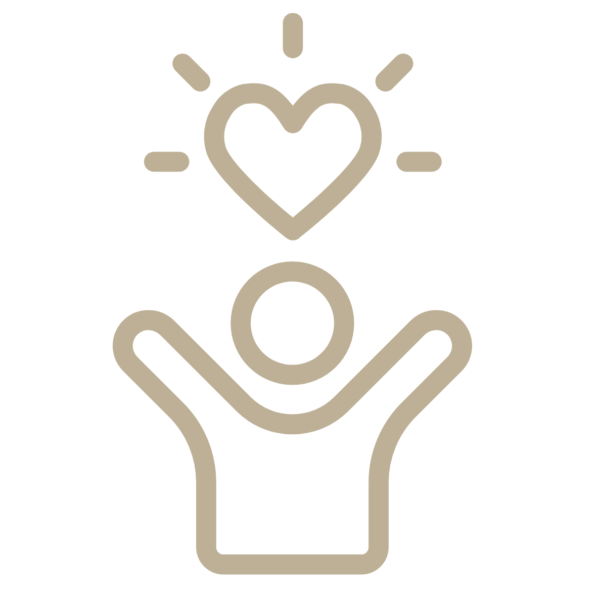 Silueta de una mano sosteniendo un círculo y un corazón con líneas que representan luz o amor, con un fondo negro.