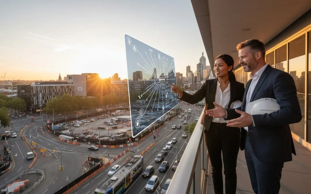 Two professionals, a woman and a man, standing on a city balcony at sunset, observing a large transparent digital screen displaying various icons and data, with a cityscape and traffic below.