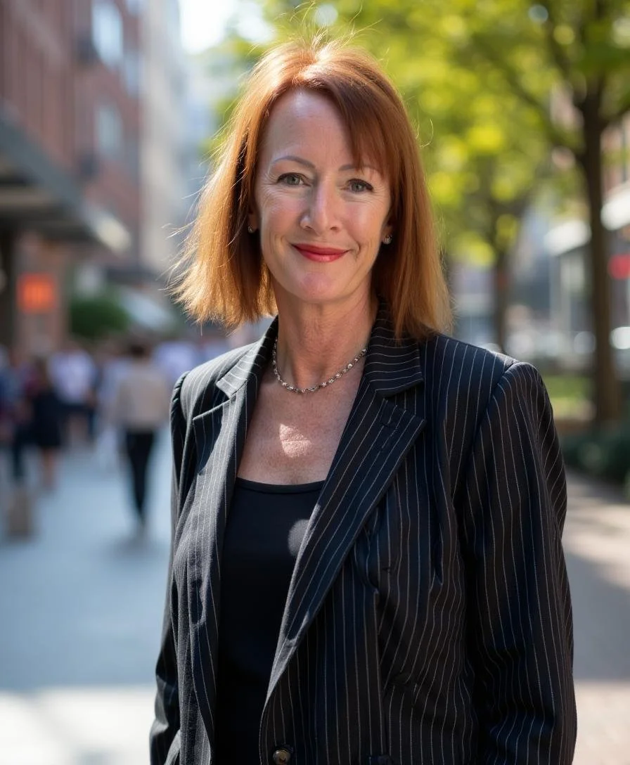 A woman with shoulder-length red hair, wearing a pinstripe blazer and a black top, smiling outdoors in a city street on a sunny day.