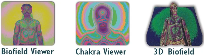 Three images of a human figure with colored overlays, labeled 'Biofield Viewer', 'Chakra Viewer', and '3D Biofield'.