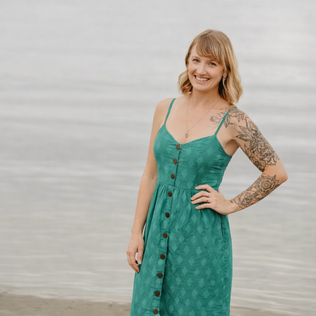 A woman with blonde hair and tattoos on her left arm wearing a sleeveless emerald green dress with buttons, standing in front of a body of water and smiling.