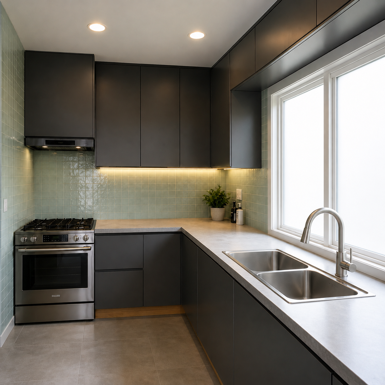 Cocina moderna con gabinetes oscuros, estufa de acero, fregadero doble con grifo, azulejos verdes y un gran ventanal.
