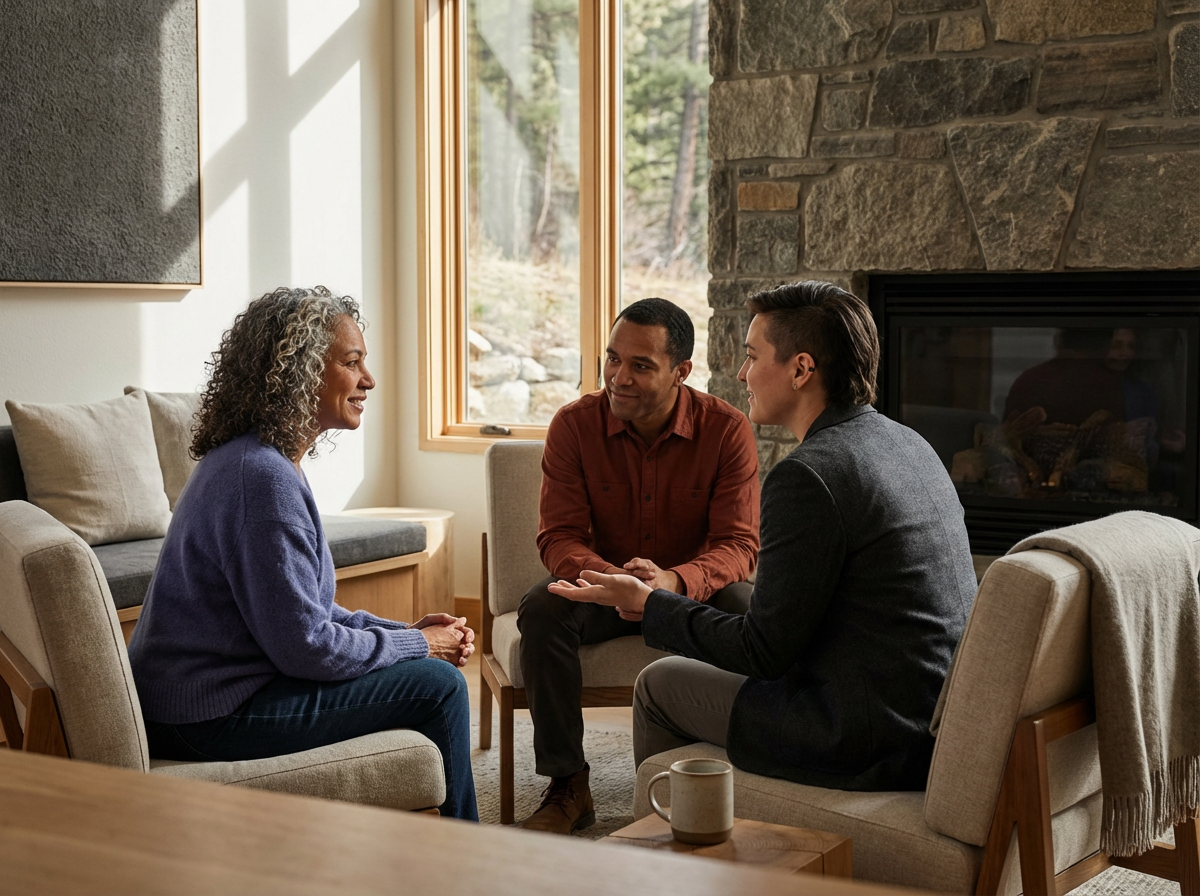 Three people having a conversation in a cozy living room with natural light, a stone fireplace, and large windows showing trees outside.