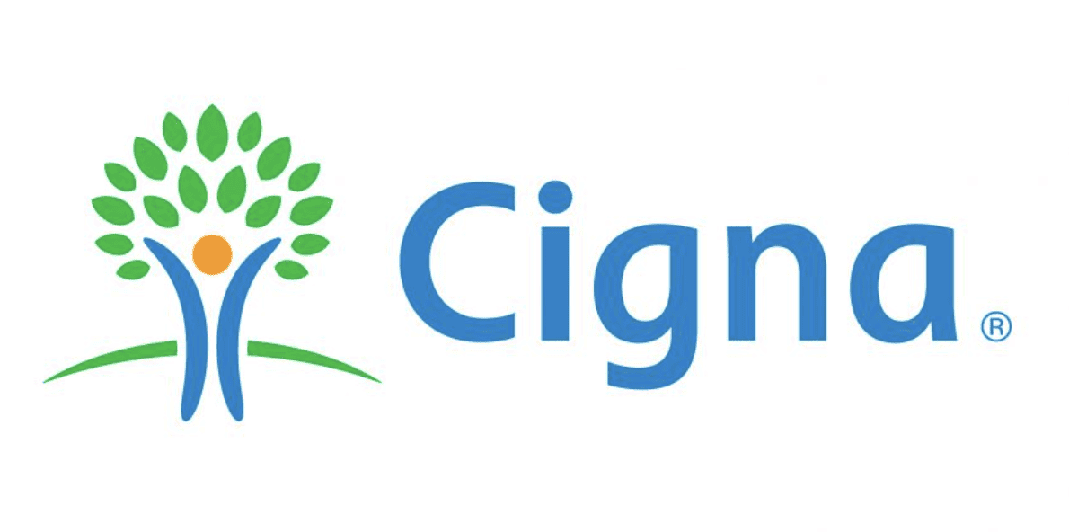 Cigna logo with a stylized tree and sun design and the company name in blue text