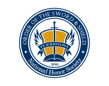 Logo of the Order of the Sword and Shield, featuring a shield, sword, book, and banner with Latin phrase 'Ex Scientia Pax,' surrounded by blue circular text with the organization’s name and year 2010.