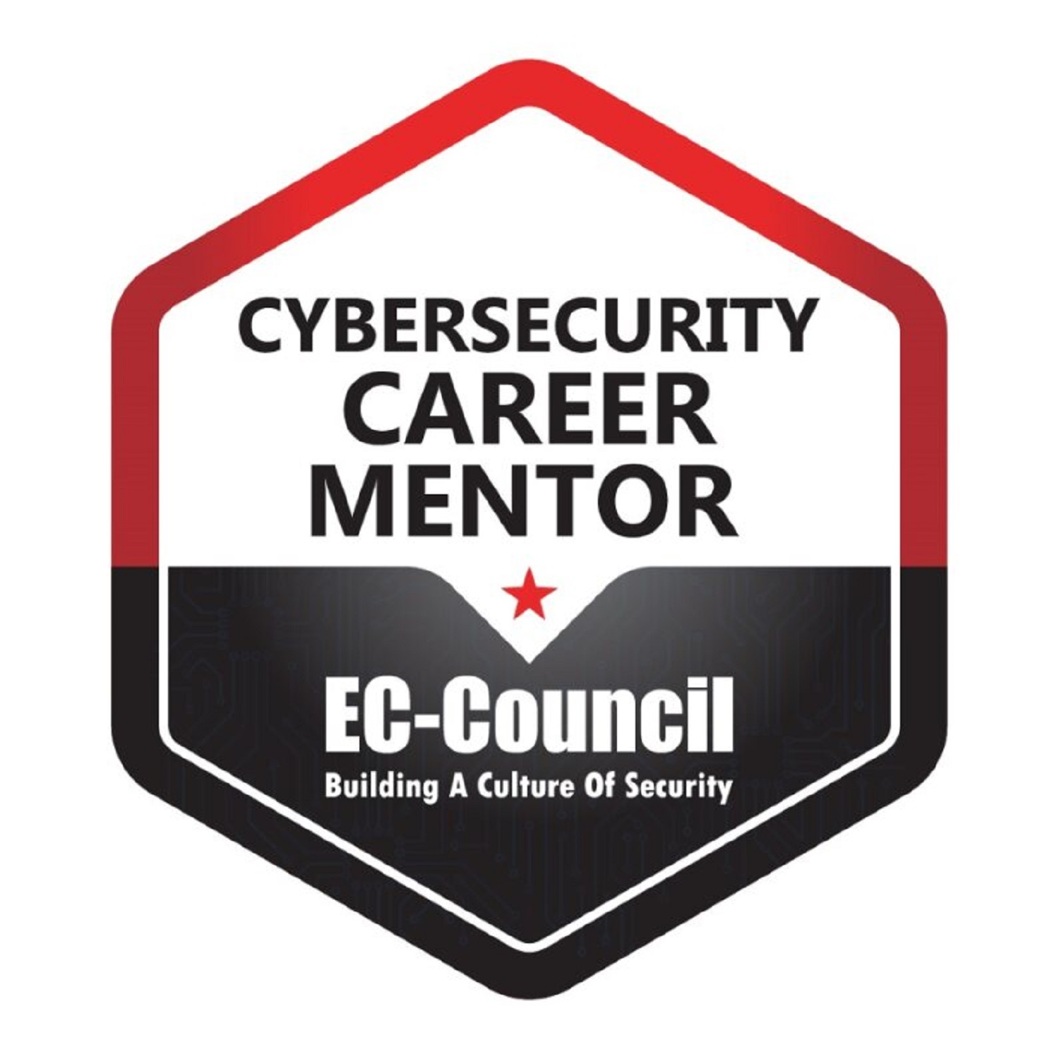 Badge with a black and red badge shape, text that reads 'Cybersecurity Career Mentor for EC-Council', and a small red star at the bottom center.