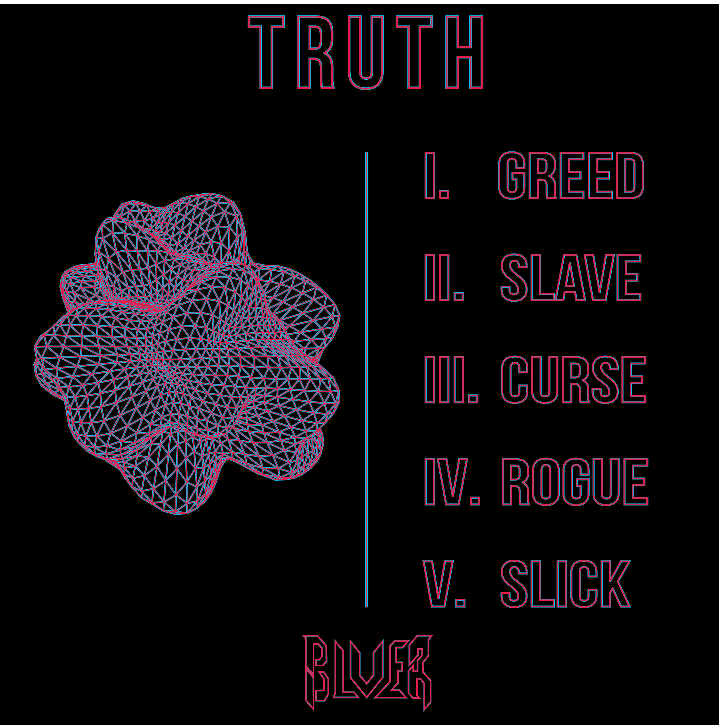 Une illustration numérique de forme géométrique en maille, avec un texte en moderne indiquant des phrases comme "Trust", "Greed", "Slave", et des instructions "Click".