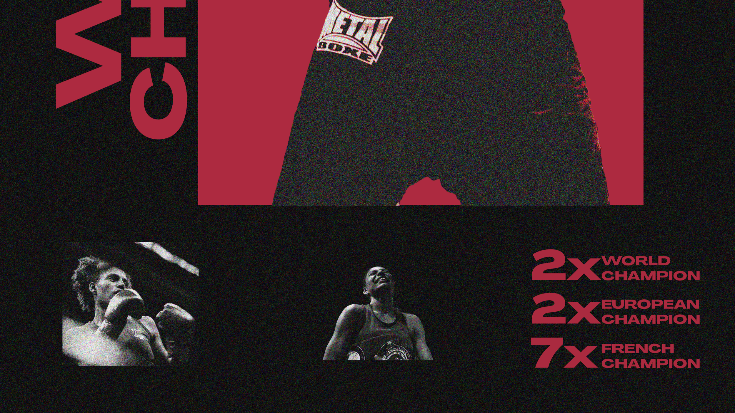Image promotionnelle mettant en avant une championne de boxe féminine, illustrée en noir et blanc, avec des textes indiquant ses titres de championne mondiale, européenne et française, en fond noir et éléments rouges contrastés.