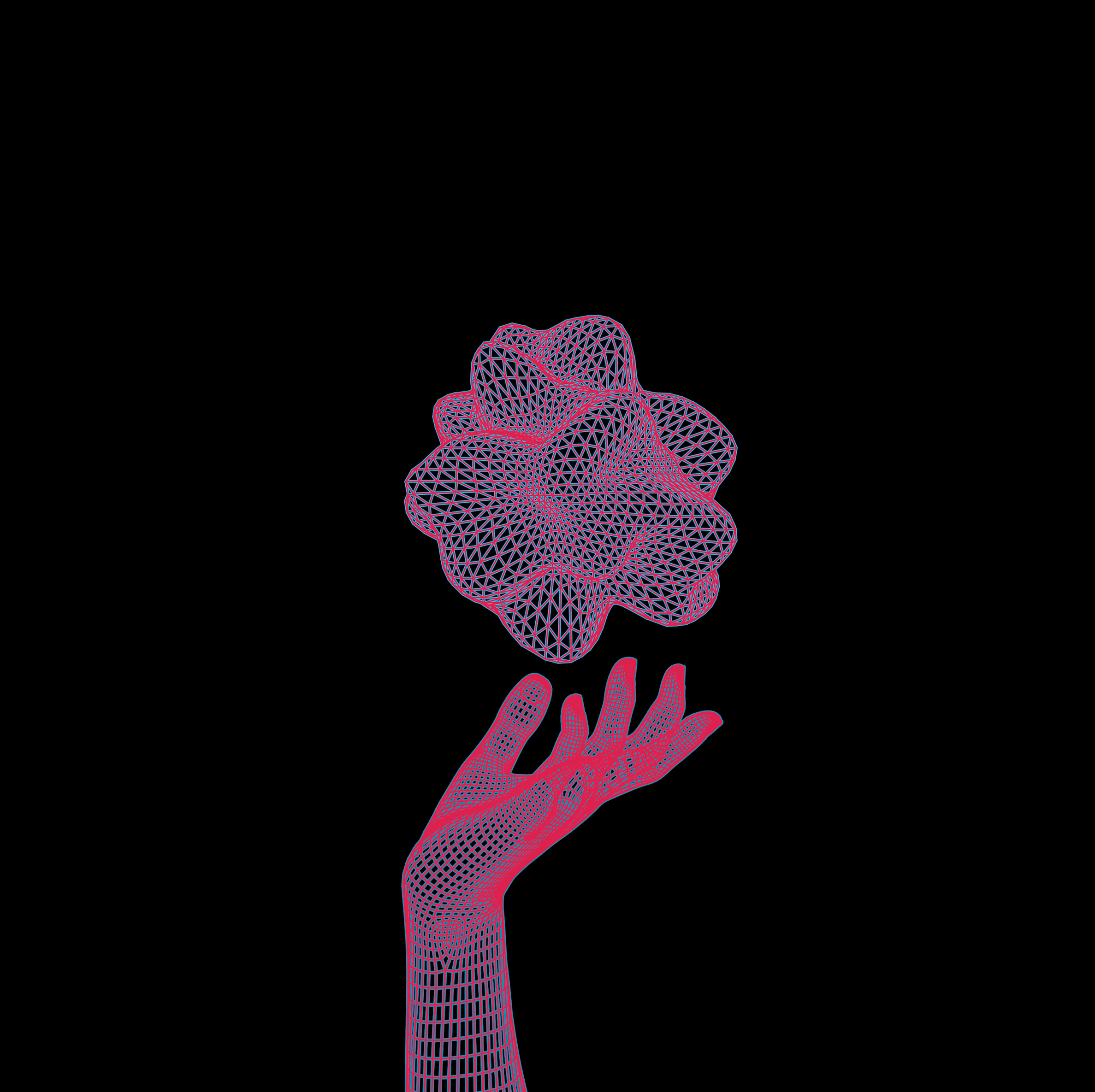 Représentation graphique d'une structure en forme de tiges fuselées avec un maillage en triangles en couleurs rouge et bleu sur fond noir.