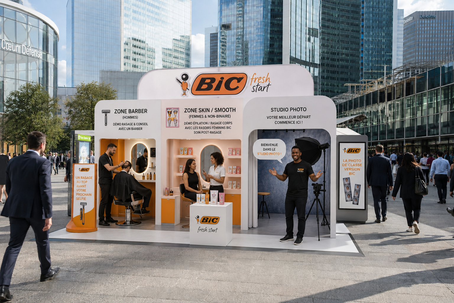 Stand BIC avec offres de soins de barbe et de peau, et séance photo pour les visiteurs, dans un espace urbain à façade vitrée et gratte-ciel modernes.