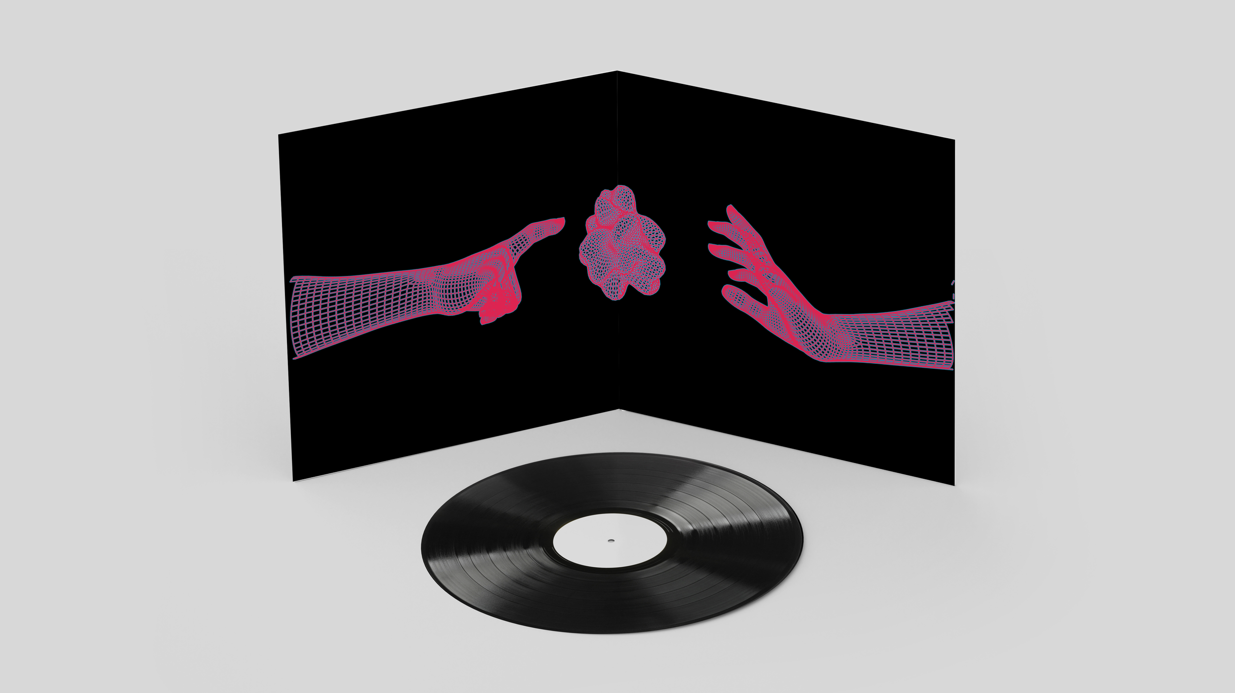 Une pochette de vinyle représentant une affiche numérique avec deux mains en fil de fer, une pointant vers une forme organique flottante, face à une couverture noire, et un disque vinyle en dessous.