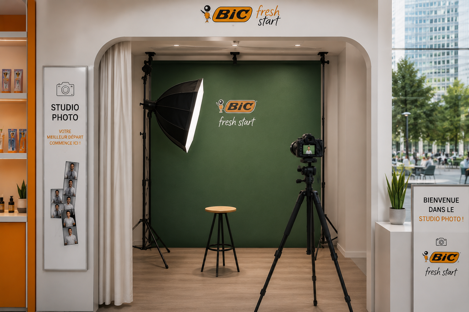 Studio photo avec éclairage professionnel, fond vert, caméra sur trépied, une petite table et un siège en bois. Signages indiquant un studio photo, bienvenue, et branding BIC.