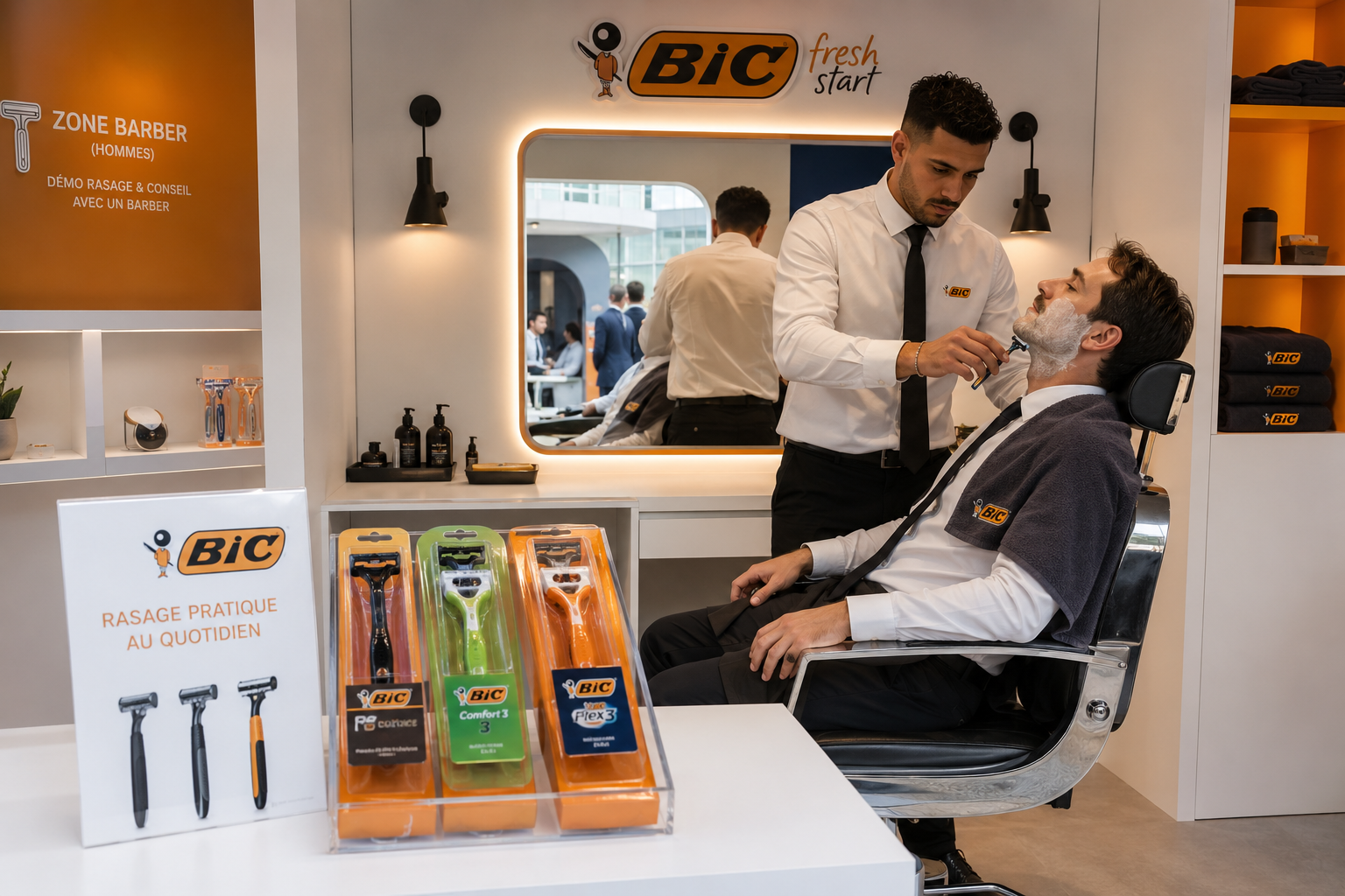 Un homme se rase la barbe dans un salon de coiffure avec un rasoir électrique. Il porte une chemise blanche, une veste avec un logo BIC, et est assis dans un fauteuil noir. Un autre homme, en uniforme blanc avec une cravate noire et un badge BIC, lui rase la barbe. La devanture du salon montre des rasoirs BIC exposés, avec une affiche indiquant que c'est une pratique de rasage quotidienne.
