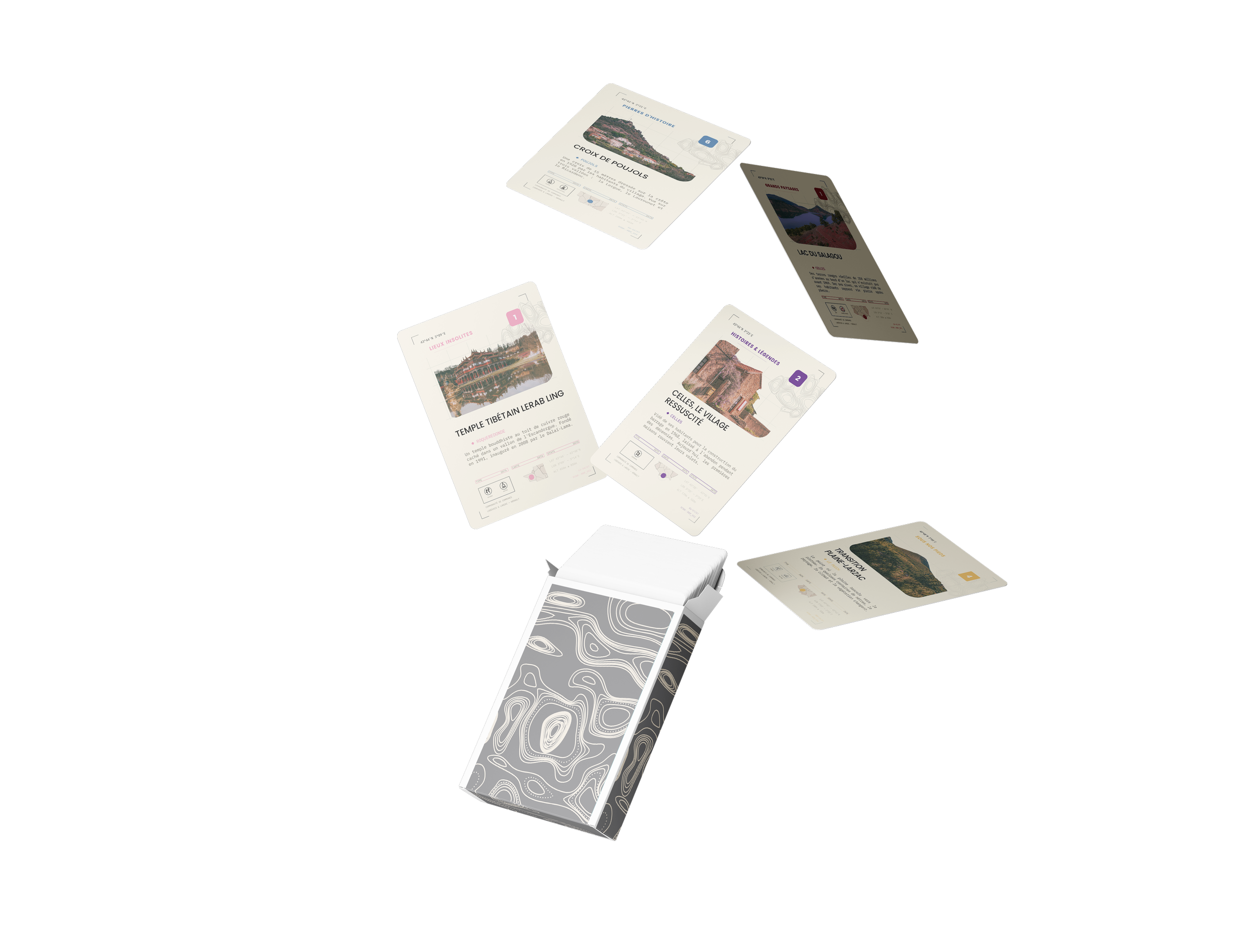 Collection de cartes de voyage et d'informations sur des sites touristiques en France et en Asie, avec un emballage de présentation élégant.