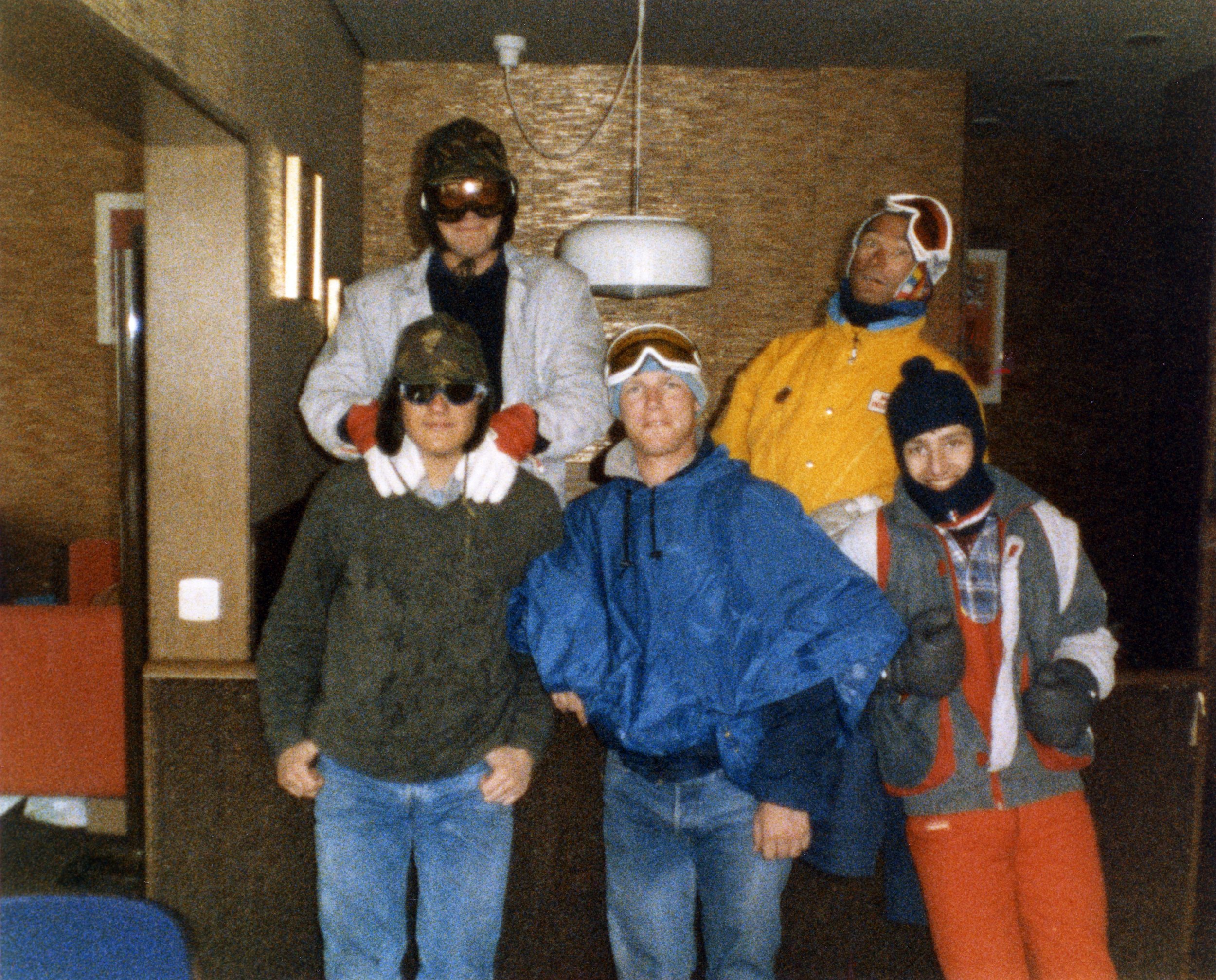 Powder day. Top row: Dave (left) and Jacques. Bottom row, from left: Charles, me, Charles’ sister. Isola, France, April 1986