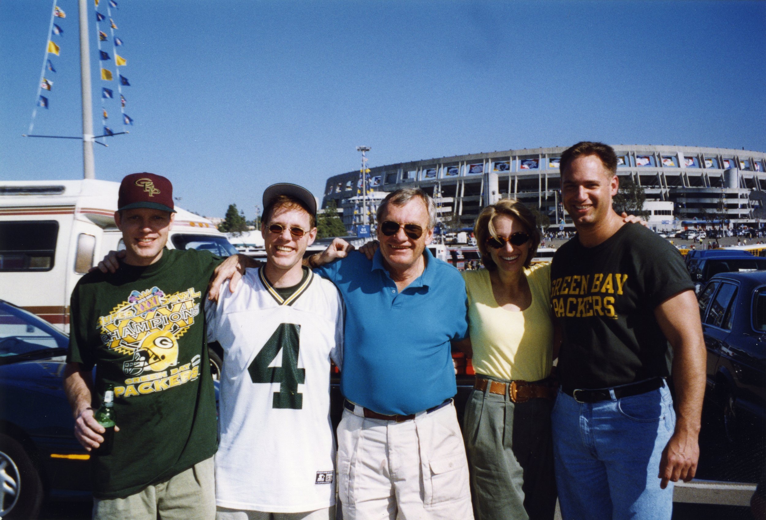 Pre-Super Bowl tailgate at Jack Murphy Stadium. From left: Dave, me, Dad, Liz, and Liz’s brother. San Diego, CA, January 1998