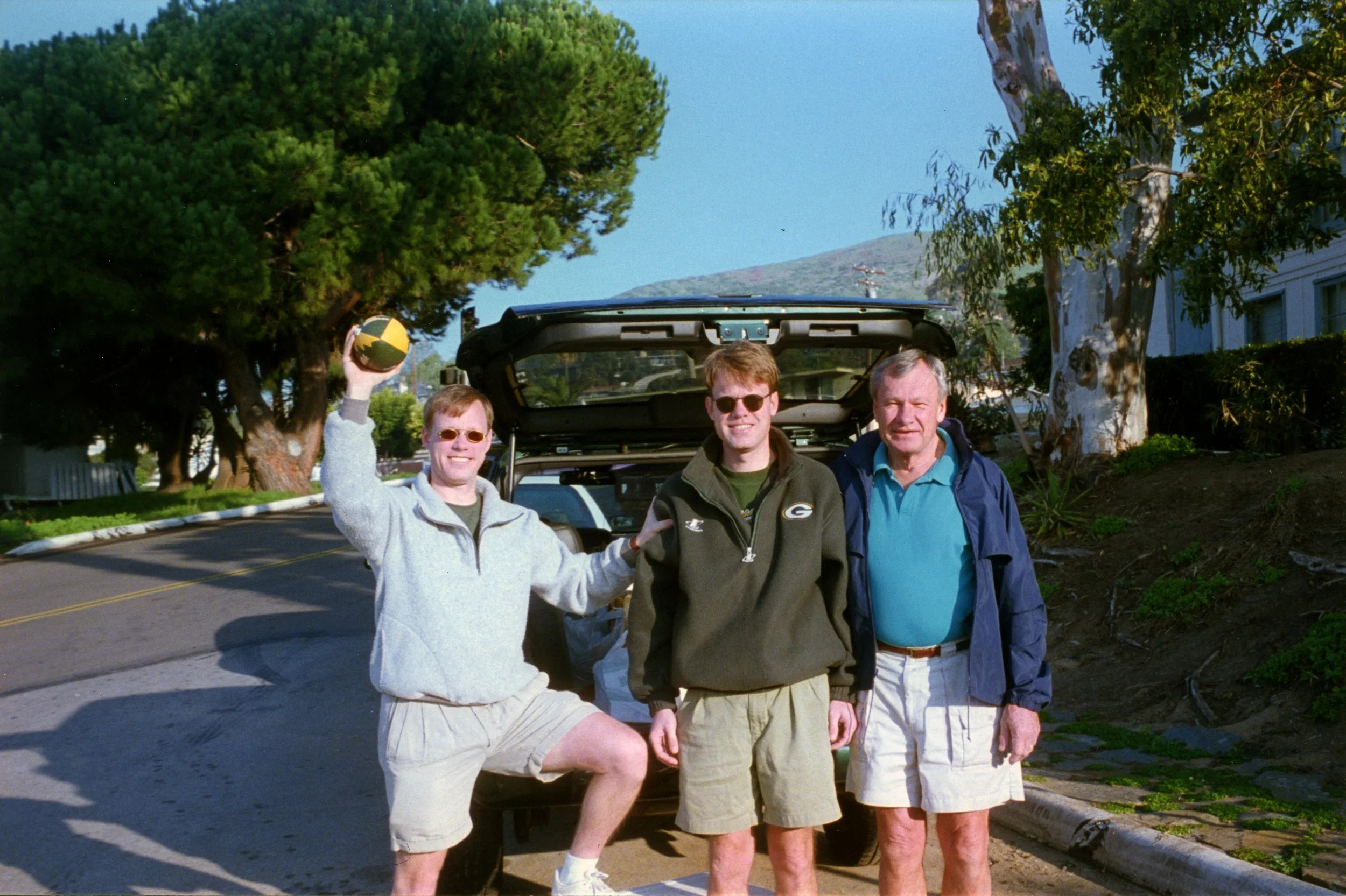Packing the car for the Super Bowl; me, Dave, and Dad. Laguna Beach, CA, January 1998