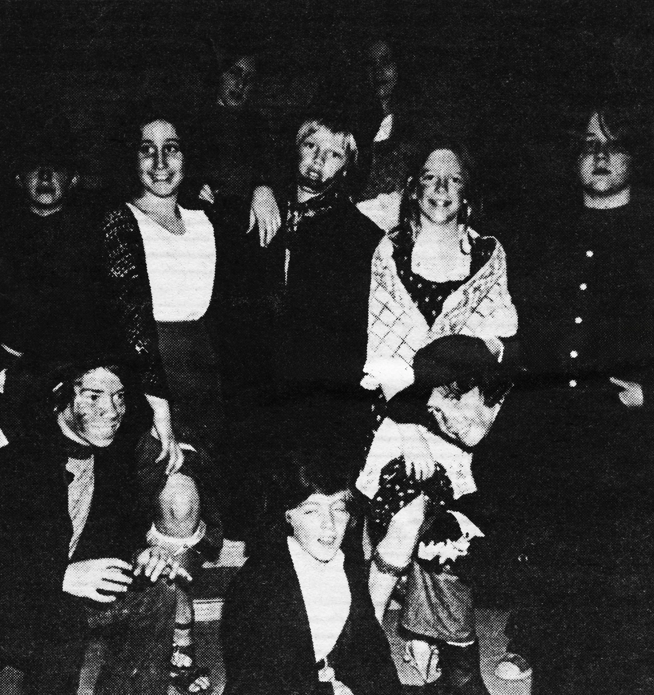 Oliver! cast picture posted in the Westport News.  Top row, from left: Karen Abend (Nancy), me (Bill Sikes) with top hat and faux beard, Siri Delaney. Bottom row, from left: Mike Apostolina, David Goldman, Andy Wittenstein.  Westport, CT, April 1975