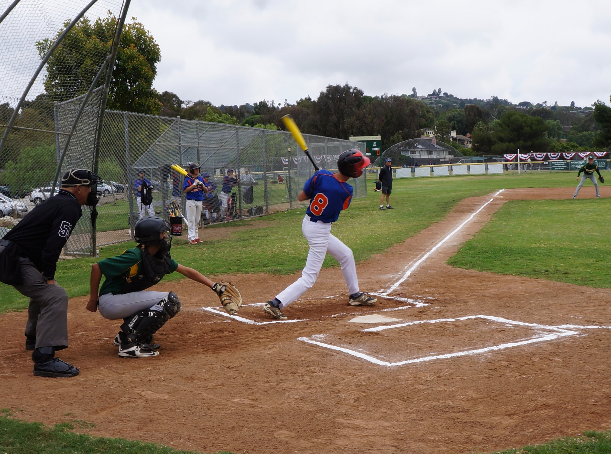 Kevin championship game home run; me in background coaching third base. Ernie Howlett Field, Rolling Hills Estates, CA, May 2015