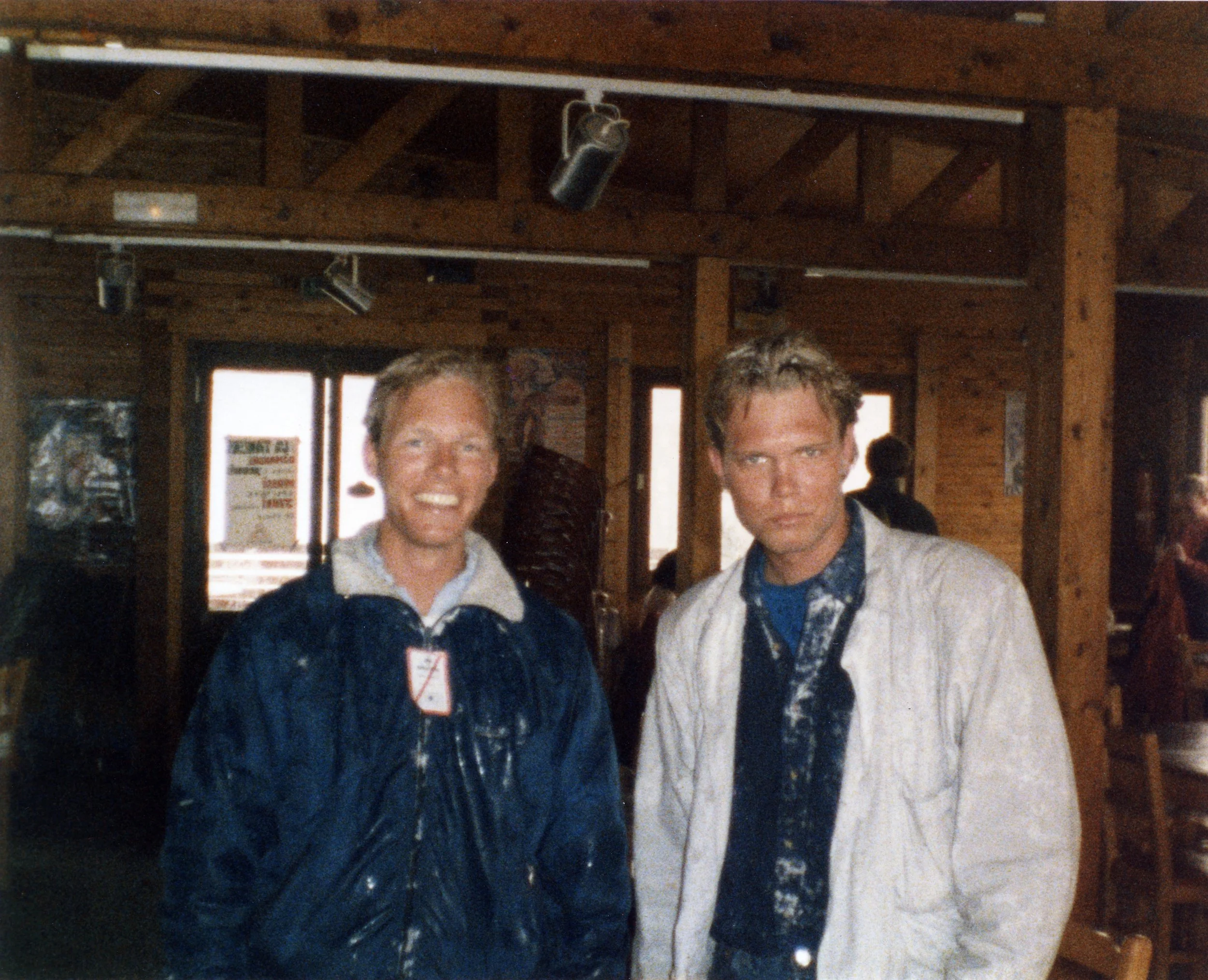Me and Dave at a mid-mountain ski hut. Isola, France, April 1986