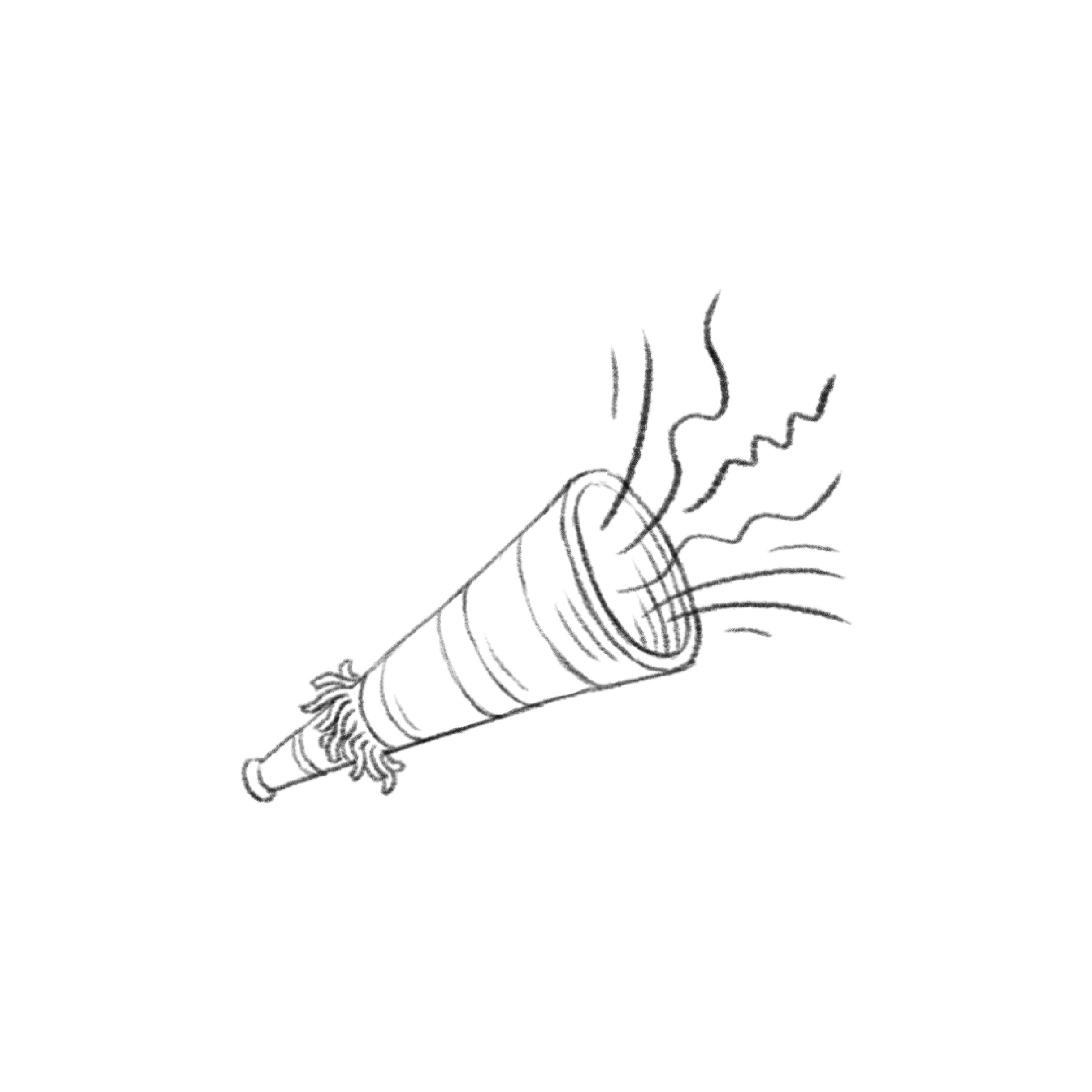 A black and white line drawing of a party horn
