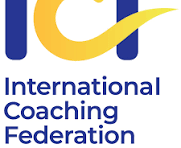Logo of the International Coaching Federation with blue and yellow design elements and the organization's name below.