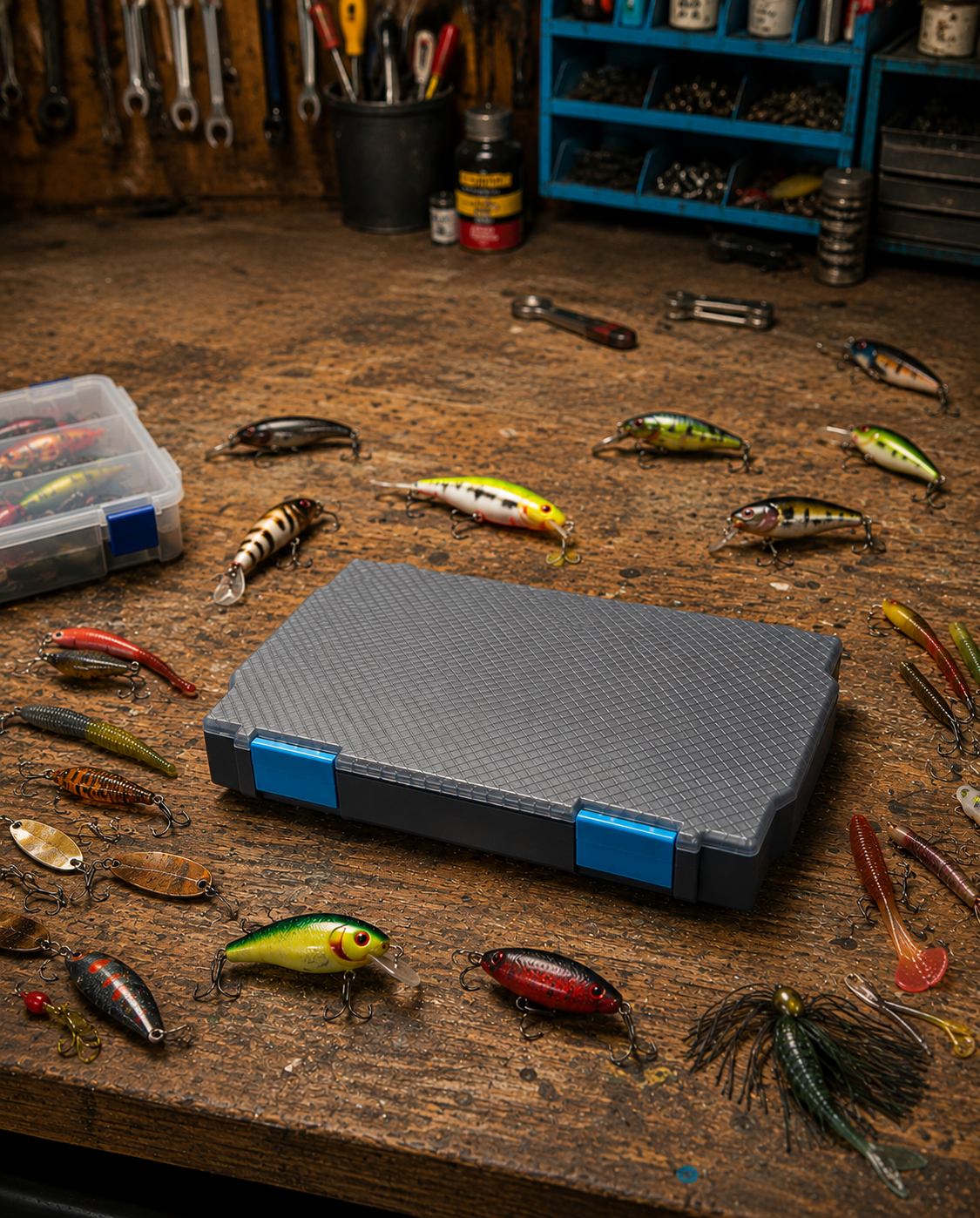 A workbench with various fishing lures and tackle boxes, including a black and blue storage case, in a fishing or tackle workshop.
