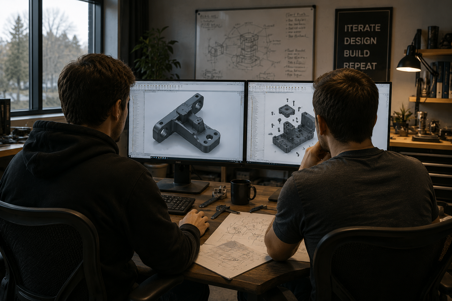 Two engineers working on 3D CAD design of mechanical parts on dual monitors in a workshop.