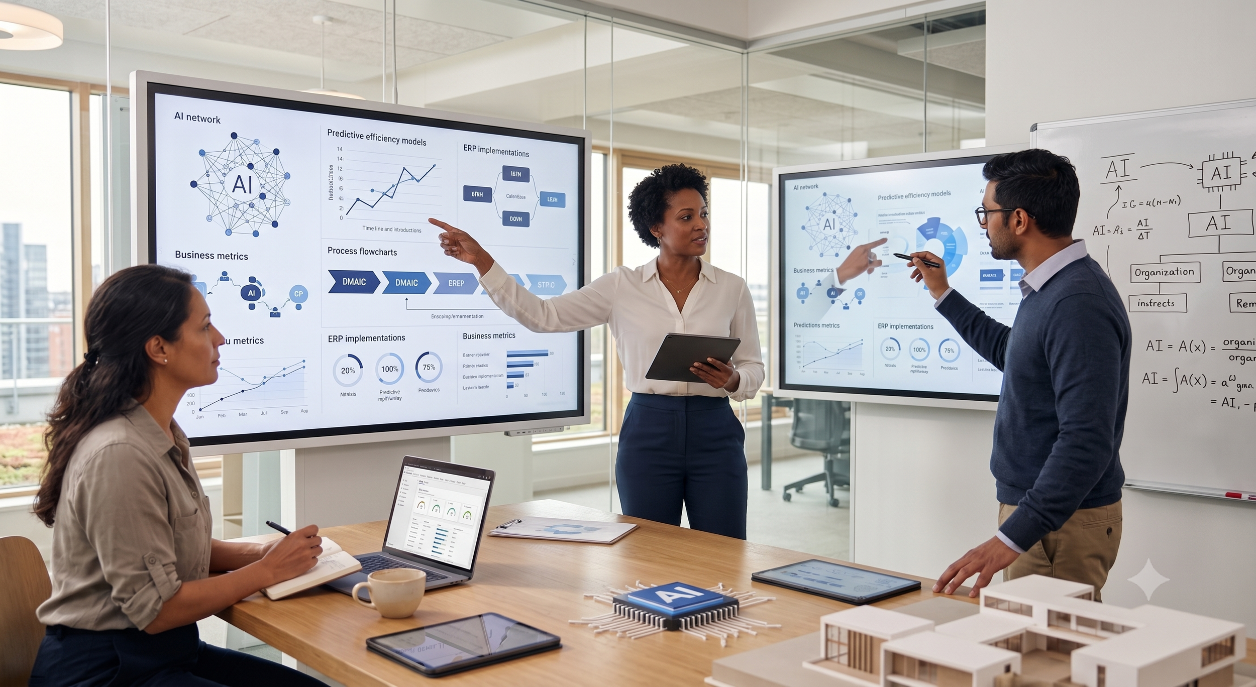 A woman presenting data on a large screen to two colleagues in a modern office setting, with graphs, charts, and diagrams related to AI and business metrics.