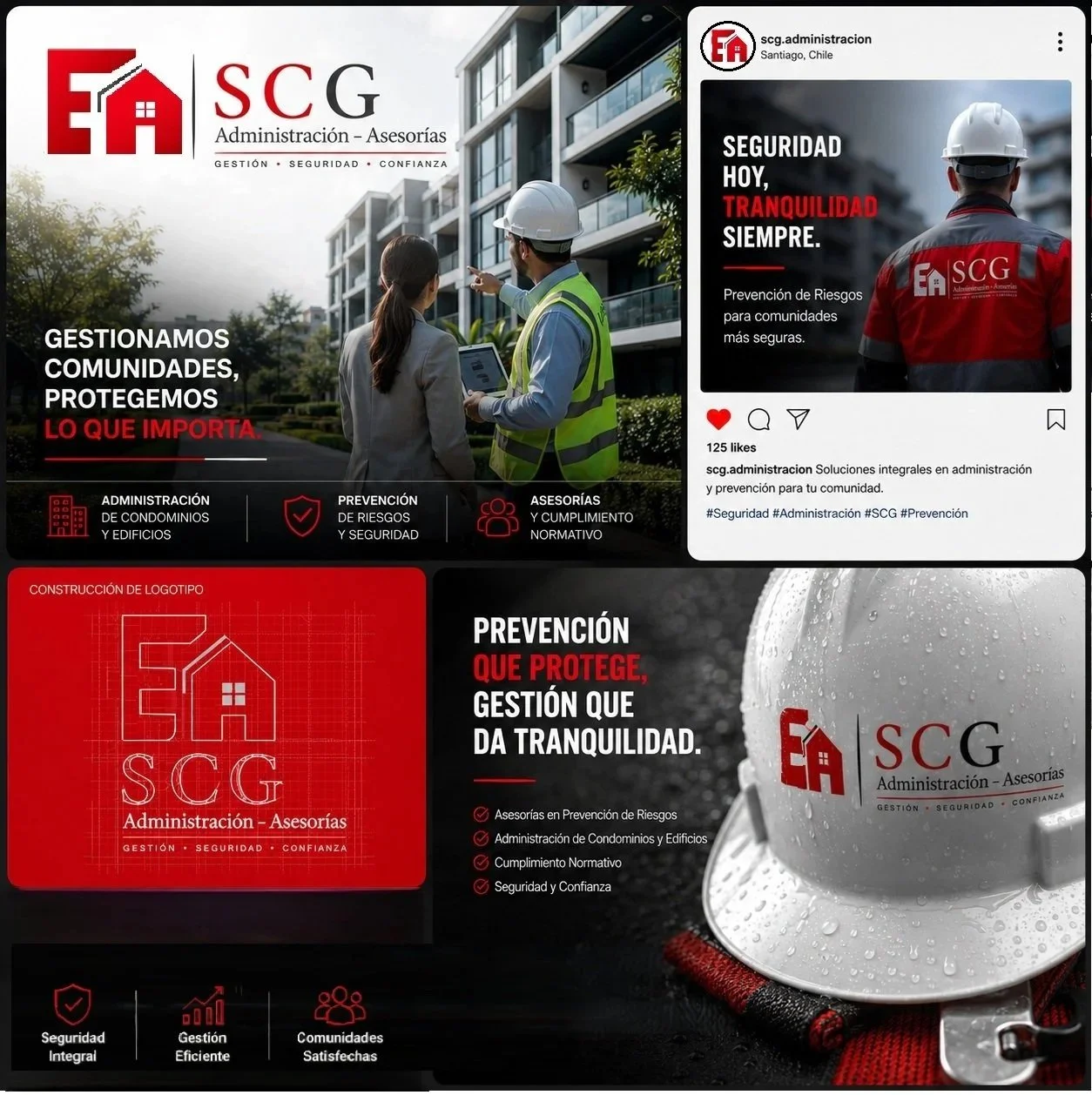 Una imagen promocional de una empresa llamada SCG de administración y asesorías, mostrando un edificio residencial y un trabajador con casco explicando detalles a una mujer, además de un logotipo en esquema, un casco con gotas de agua y un celular con publicidad en redes sociales.