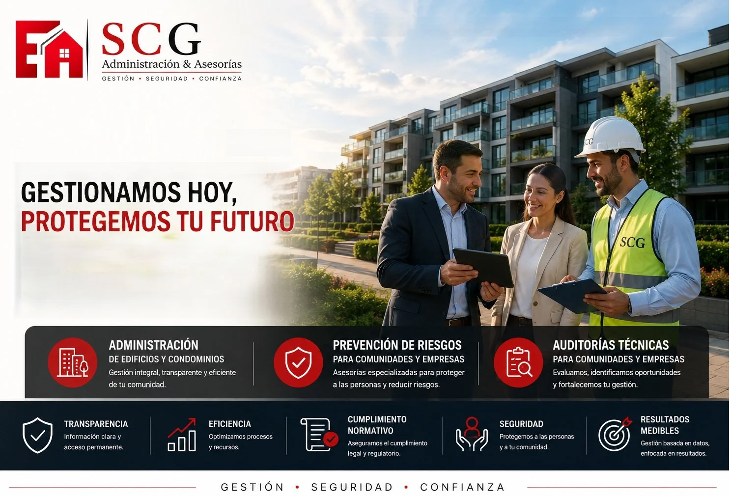 Publicidad de la empresa SCG Administración & Asesorías, mostrando tres personas en exterior de condominios hablando y revisando documentos, con texto que promociona servicios de administración de comunidades, asesorías en prevención de riesgos.
