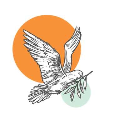 Illustration of a flying bird holding an olive branch with an orange and green circle background.