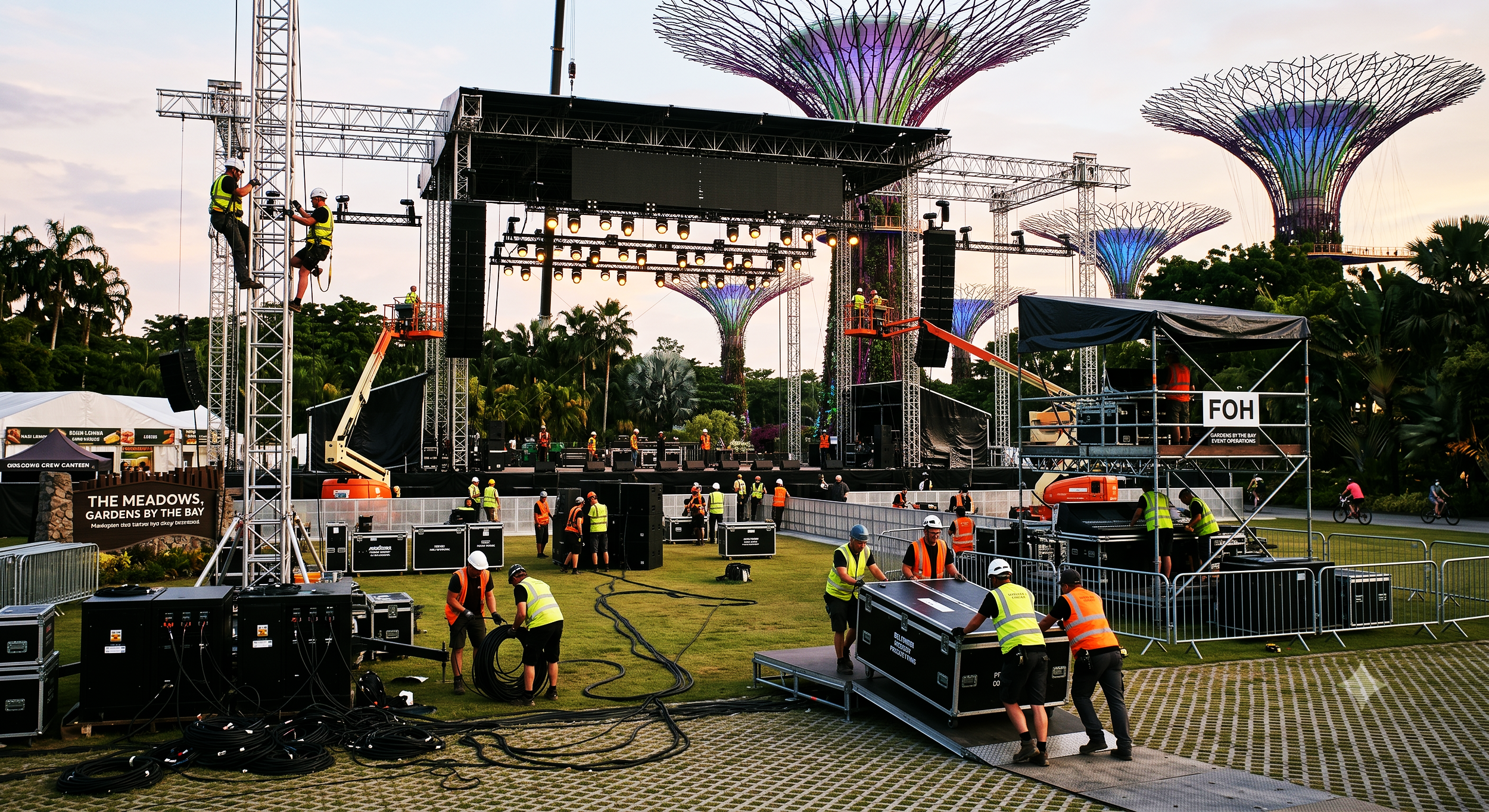 Setup for an outdoor concert or event at Gardens by the Bay, featuring stage construction, lighting, and workers in safety vests and helmets, with Supertree structures illuminated in the background.