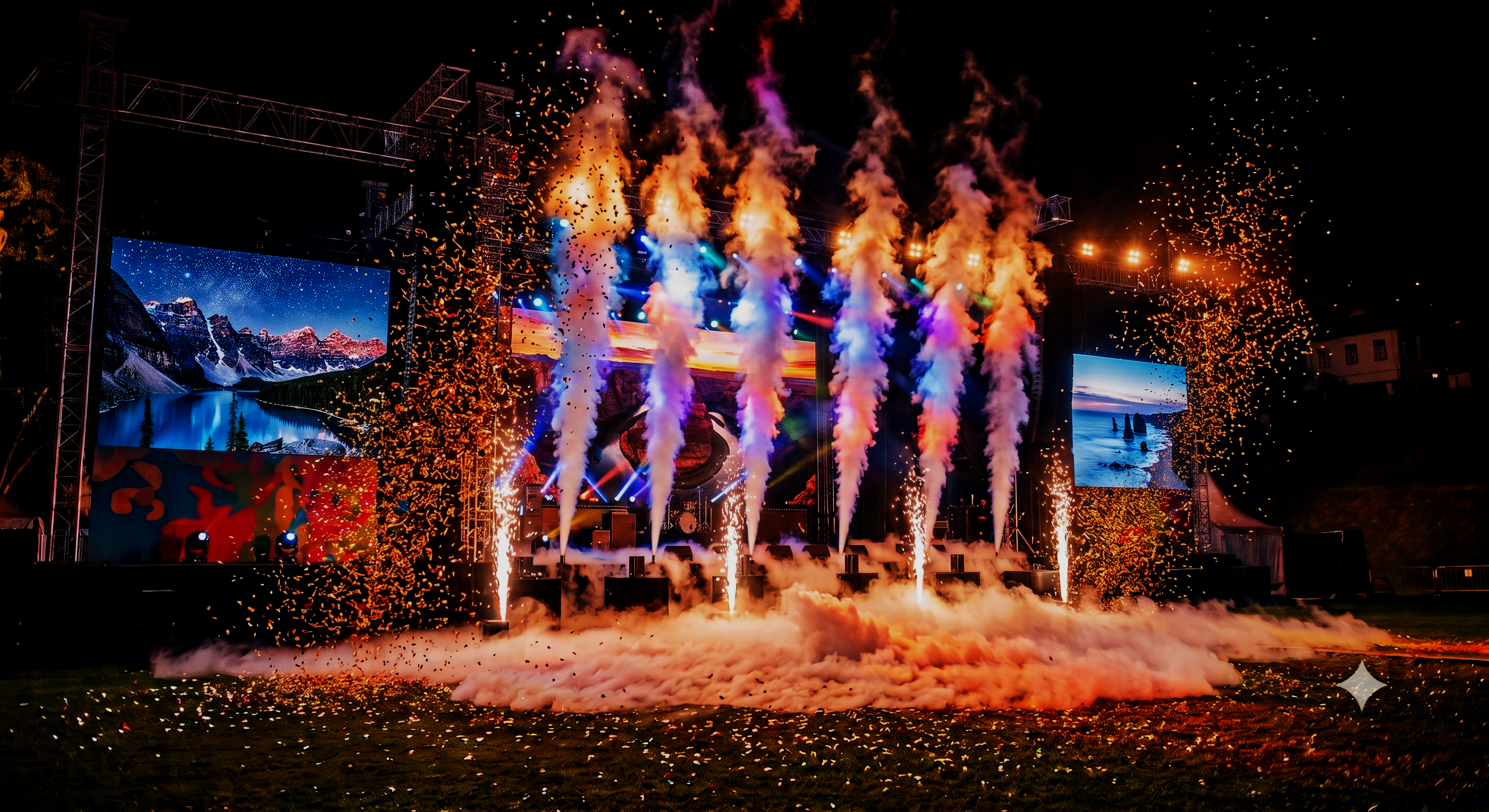 Nighttime outdoor concert stage with fireworks and smoke effects, large screens displaying mountain scenery and ocean view.