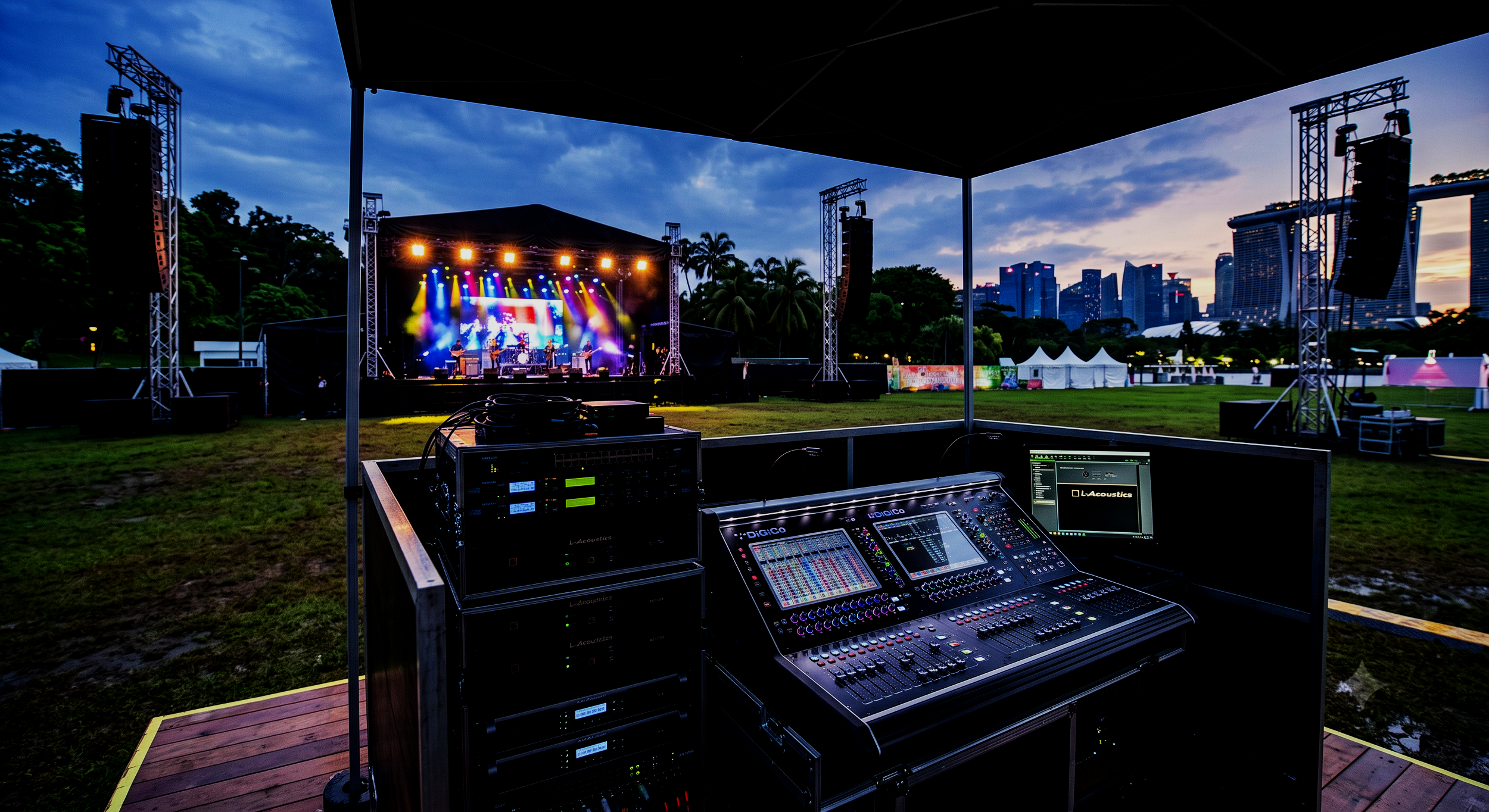 Outdoor concert stage at dusk with colorful lighting, city skyline in the background, and sound equipment in the foreground.